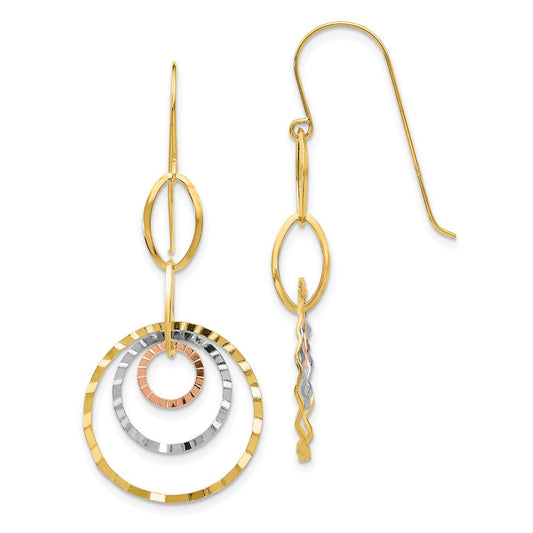 14K Tri-Color Textured Circle Dangle Earrings