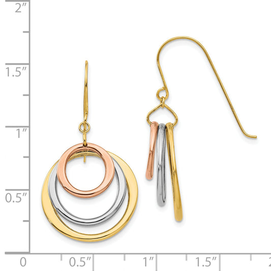 14K Tri-Color Circle Dangle Shepherd Hook Earrings