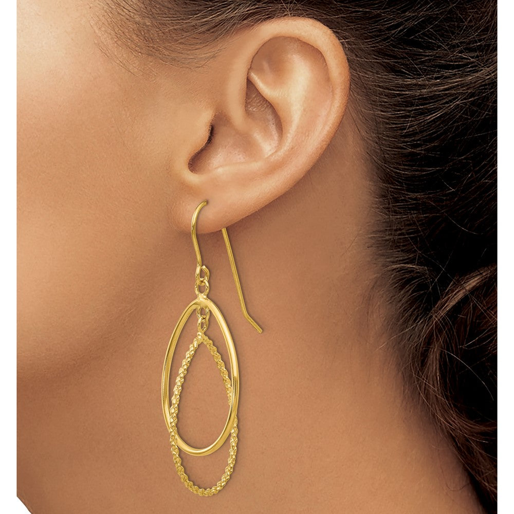 14K Yellow Gold Polished And Textured Ovals Dangle Earrings