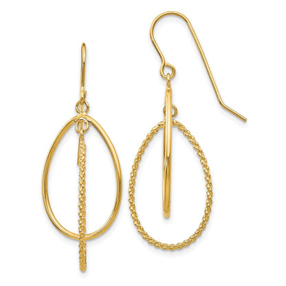 14K Yellow Gold Polished And Textured Ovals Dangle Earrings