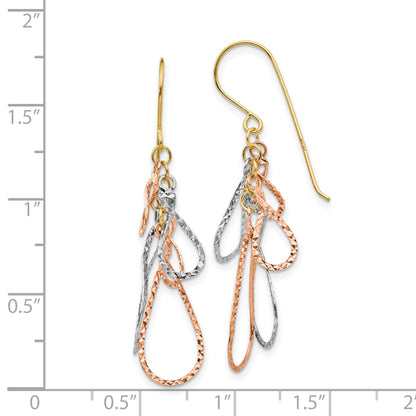 14K Tri-Color Diamond Cut Tear Drop Dangle Earrings