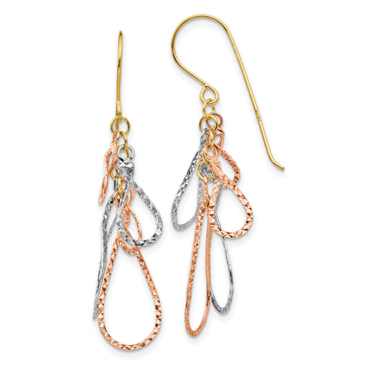 14K Tri-Color Diamond Cut Tear Drop Dangle Earrings