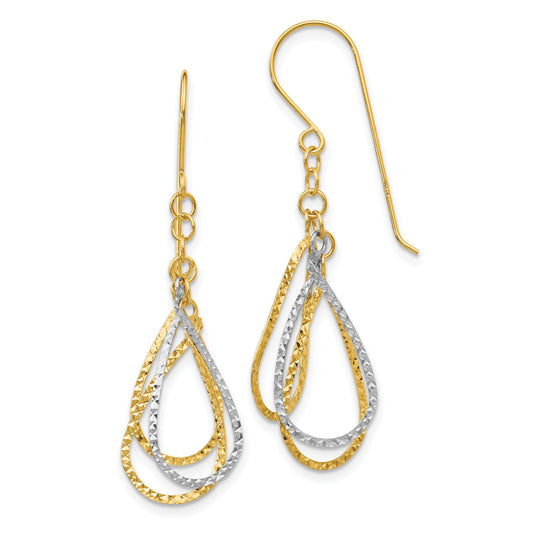 14K Two-Tone Diamond Cut Tear Drop Shepherd Hook Earrings
