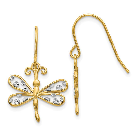 14K Yellow & Rhodium Diamond-Cut Dragonfly Shepherd Hook Earrings