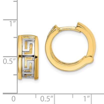 14K Two-Tone Cut-Out Greek Key Hinged Hoop Earrings