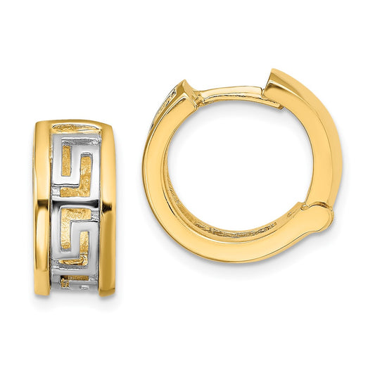 14K Two-Tone Cut-Out Greek Key Hinged Hoop Earrings