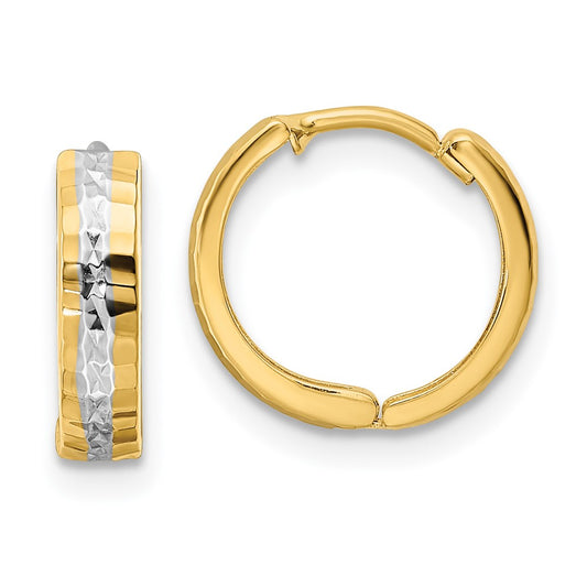 14K Yellow & Rhodium W/Rhodium Diamond-Cut 3X12mm Hinged Hoop Earrings