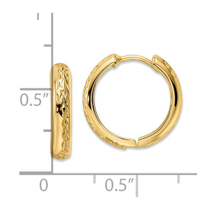 14K Yellow Gold Polished Textured 3X15mm Hinged Hoop Earrings