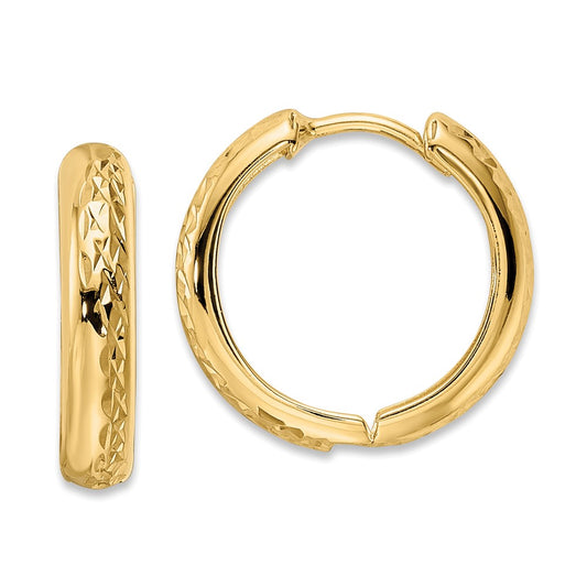 14K Yellow Gold Polished Textured 3X15mm Hinged Hoop Earrings
