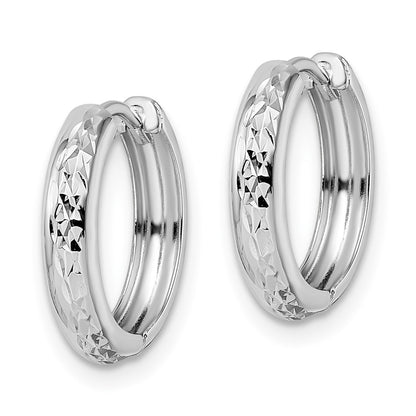 14K White Gold Polished Textured 3X15mm Hinged Hoop Earrings