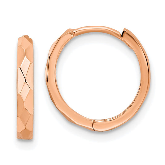 14K Rose Gold Polished Faceted 2X14mm Hinged Hoop Earrings