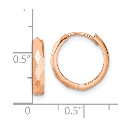 14K Rose Gold Polished Faceted 3X15mm Hinged Hoop Earrings