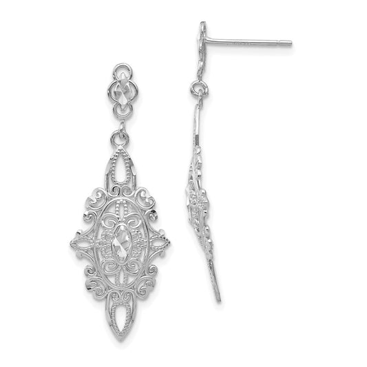 14K White Gold Diamond-Cut Filigree Dangle Earrings