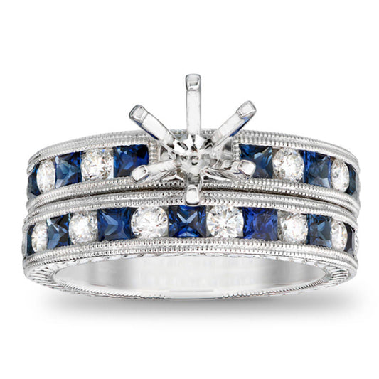 Princess-Cut Blue Sapphire and 1/2 CT. T.W. Diamond Semi-Mount Bridal Engagement Ring Set in 14K White Gold