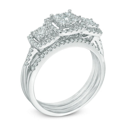 3/4 CT. T.W. Composite Diamond Three Stone Three Piece Bridal Set in 14K White Gold