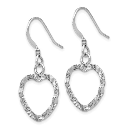 Sterling Silver Rh Pltd Textured Heart Shepherd Hook Earrings