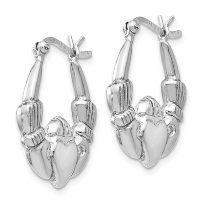 Sterling Silver Rhodium Plated Polished Claddagh Hoop Earrings