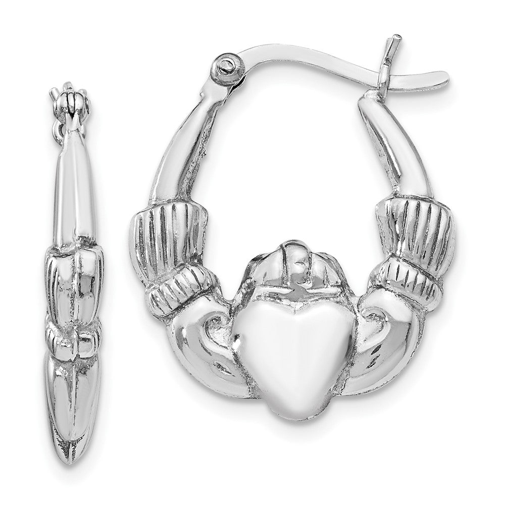 Sterling Silver Rhodium Plated Polished Claddagh Hoop Earrings