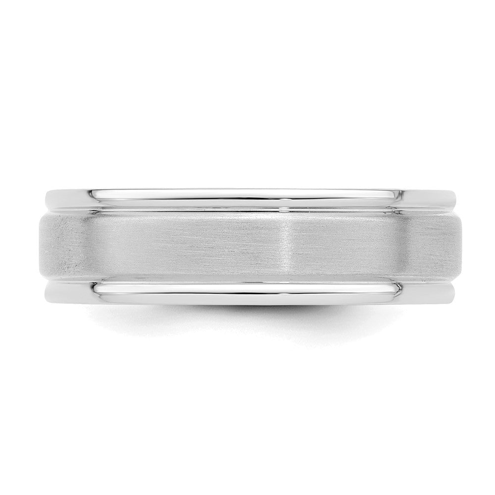 14k White Gold 6mm Standard Weight Comfort Fit Brushed Satin/Polished Grooved Edge Wedding Band Ring