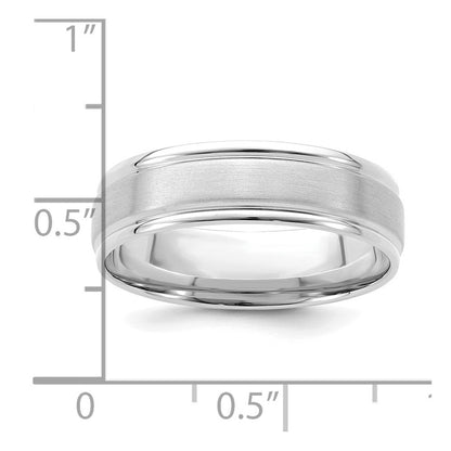 18k White Gold 6mm Standard Weight Comfort Fit Brushed Satin/Polished Grooved Edge Wedding Band Ring