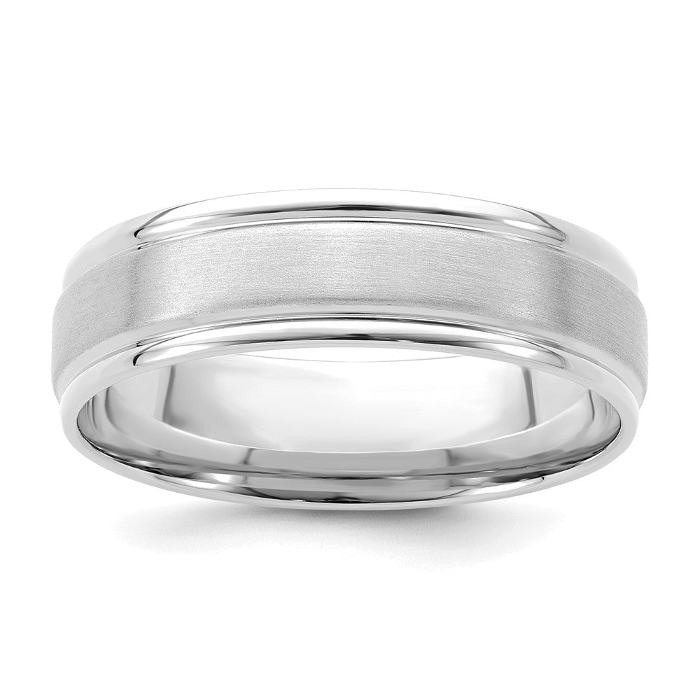 18k White Gold 6mm Standard Weight Comfort Fit Brushed Satin/Polished Grooved Edge Wedding Band Ring