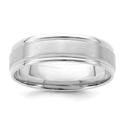 14k White Gold 6mm Standard Weight Comfort Fit Brushed Satin/Polished Grooved Edge Wedding Band Ring