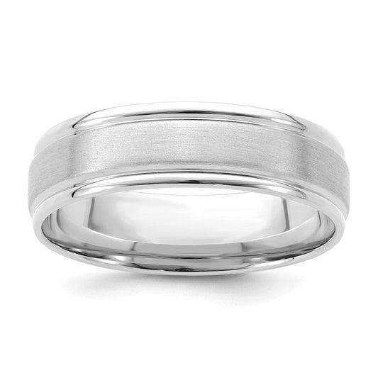 14k White Gold 6mm Standard Weight Comfort Fit Brushed Satin/Polished Grooved Edge Wedding Band Ring