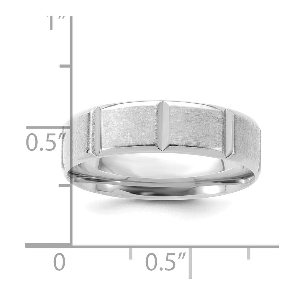 14K White Gold 6mm Heavyweight Comfort Fit Brushed/Polished Beveled Edge With Vertical Lines Wedding Band