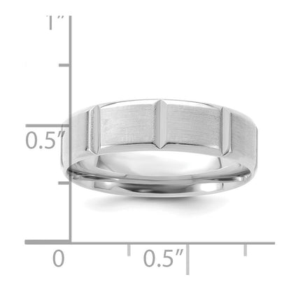 14K White Gold 6mm Lightweight Comfort Fit Brushed/Polished Beveled Edge With Vertical Lines Wedding Band
