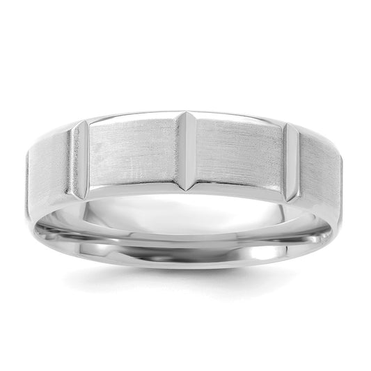 14K White Gold 6mm Heavyweight Comfort Fit Brushed/Polished Beveled Edge With Vertical Lines Wedding Band