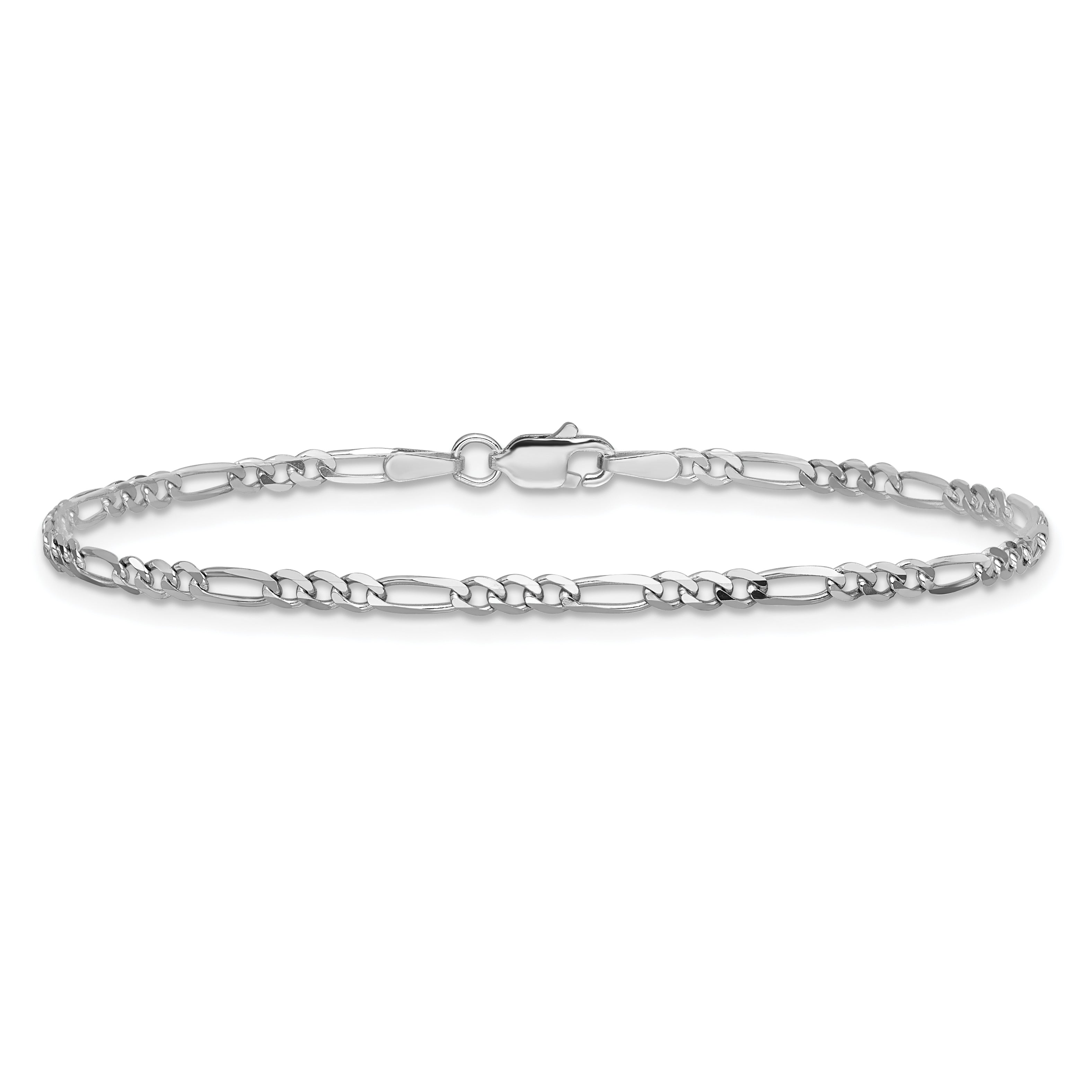 14K White Gold 9 Inch 2.25mm Flat Figaro With Lobster Clasp Anklet