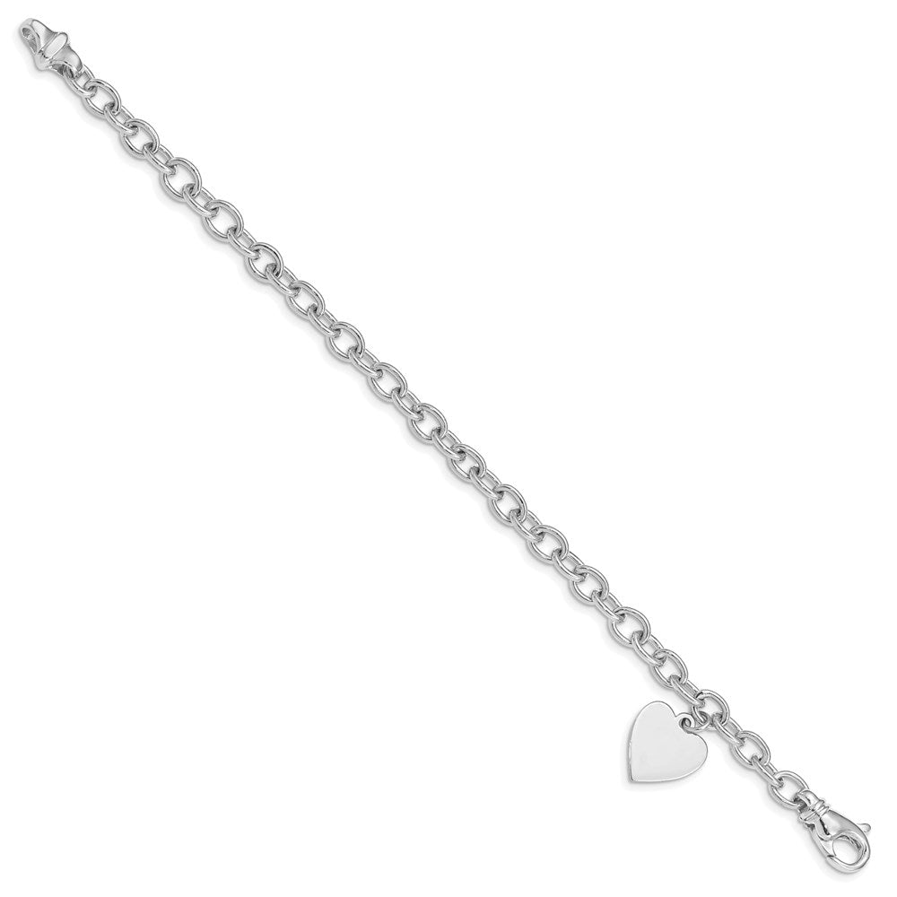 14K White Gold Engravable 19X13mm Solid Dangle Heart Charm And Polished Link 7.5 Inch Bracelet