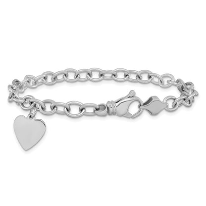 14K White Gold Engravable 19X13mm Solid Dangle Heart Charm And Polished Link 7.5 Inch Bracelet