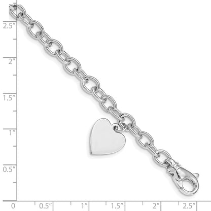 14K White Gold Engravable 19X13mm Solid Dangle Heart Charm And Polished Link 7.5 Inch Bracelet