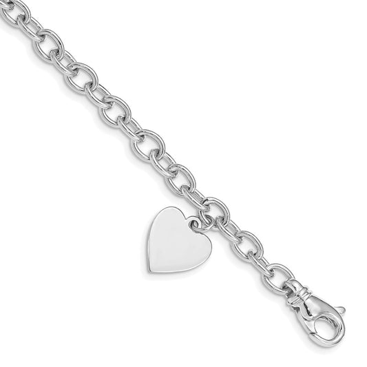 14K White Gold Engravable 19X13mm Solid Dangle Heart Charm And Polished Link 7.5 Inch Bracelet