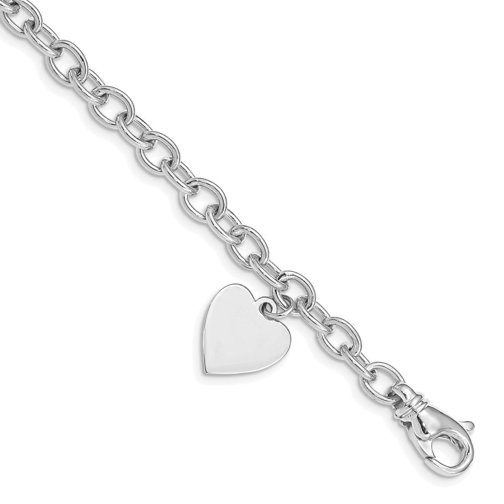 14K White Gold Engravable 19X13mm Solid Dangle Heart Charm And Polished Link 8.5 Inch Bracelet