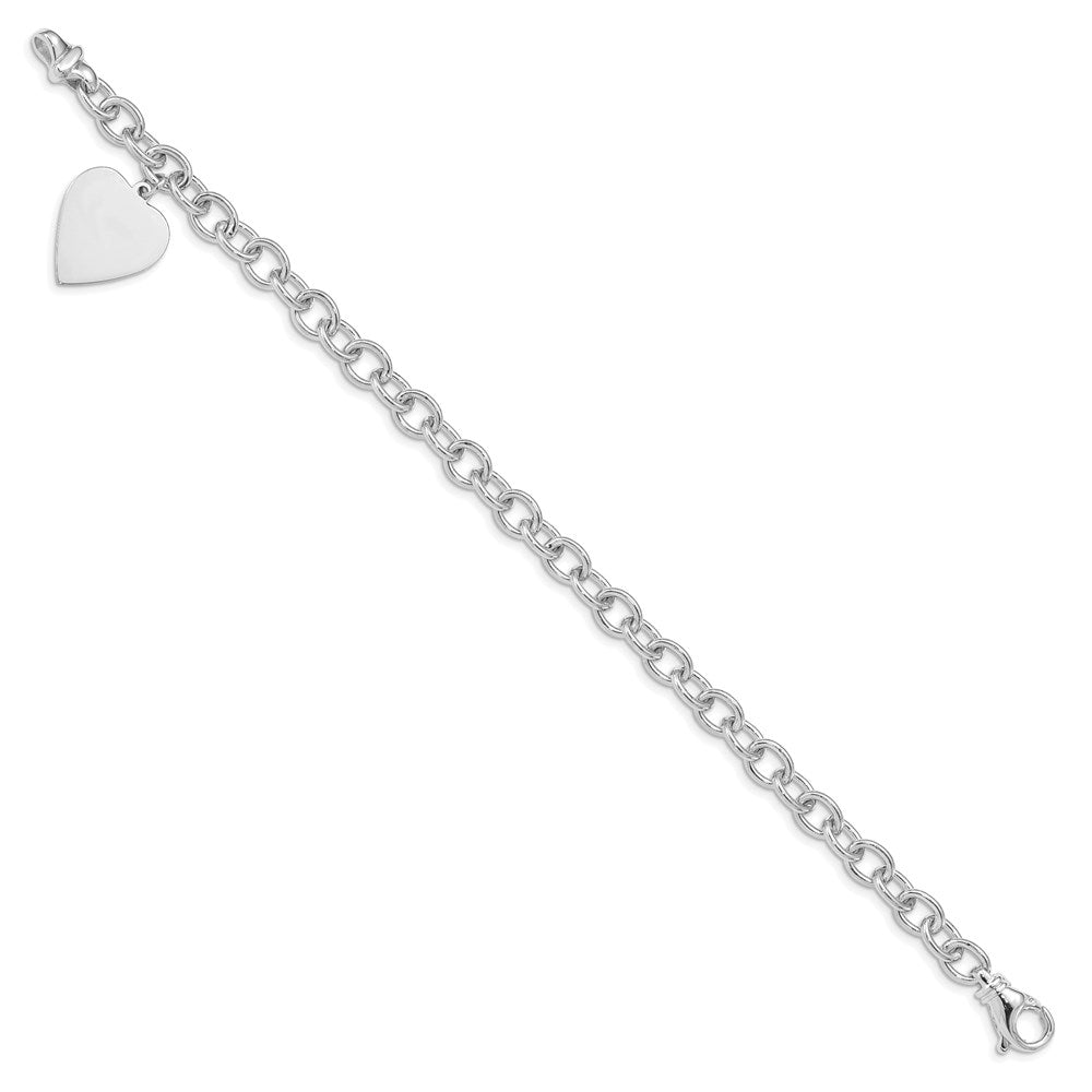 14K White Gold Engravable 23X17mm Solid Dangle Heart Charm And Polished Link 7.5 Inch Bracelet