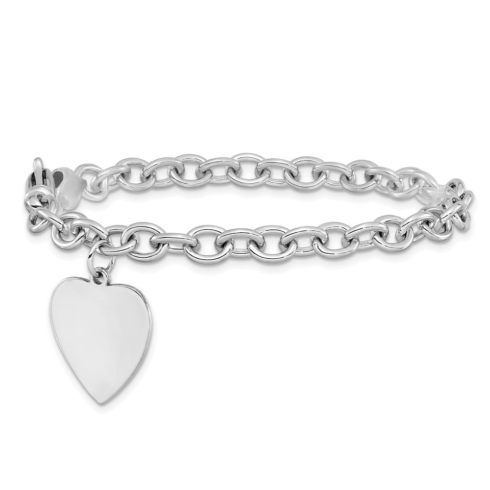 14K White Gold Engravable 23X17mm Solid Dangle Heart Charm And Polished Link 8.5 Inch Bracelet