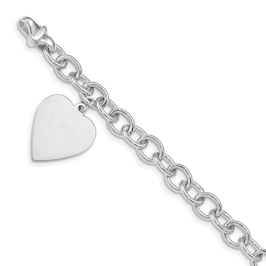 14K White Gold Engravable 23X17mm Solid Dangle Heart Charm And Polished Link 8.5 Inch Bracelet