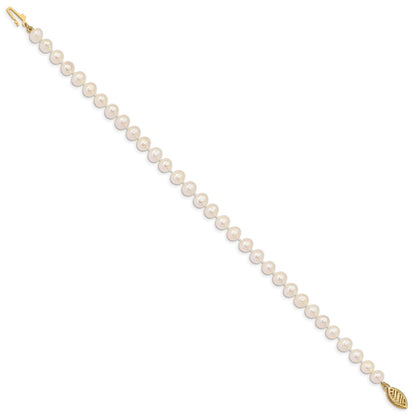 14K Yellow Gold 5 6mm White Near Round Freshwater Cultured Pearl 7.5 Inch Bracelet
