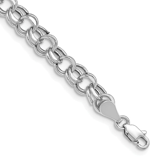 14K White Gold 6.25mm Hollow Double Link 7.25 Inch Charm Bracelet