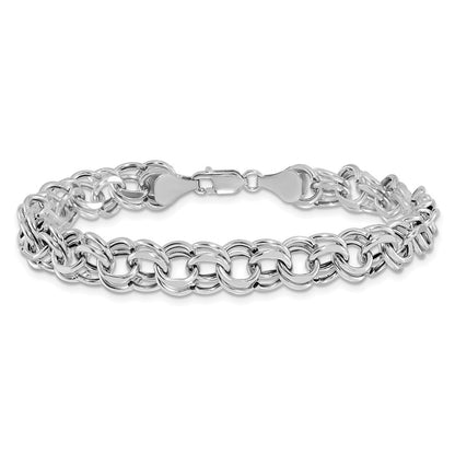 14K White Gold 9.5mm Hollow Double Link 8.25 Inch Charm Bracelet
