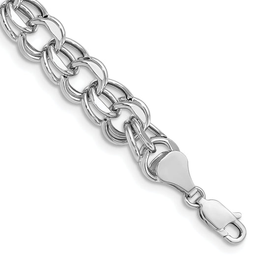 14K White Gold 9.5mm Hollow Double Link 8.25 Inch Charm Bracelet