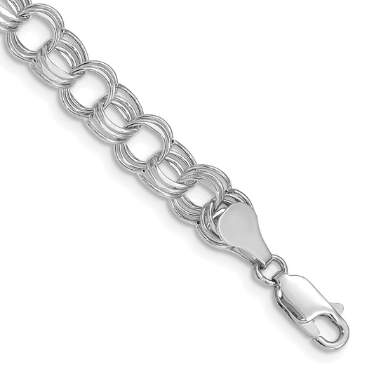 14K White Gold 7.5mm Hollow Triple Link 8.25 Inch Charm Bracelet
