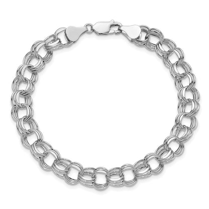 14K White Gold 8.5mm Hollow Triple Link 7.25 Inch Charm Bracelet