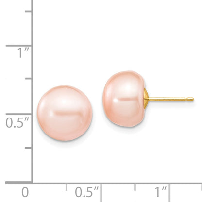 14K Yellow Gold 10-11mm Pink Button Freshwater Cultured Pearl Stud Post Earrings