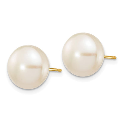14K Yellow Gold 10 11mm White Button Freshwater Cultured Pearl Stud Post Earrings
