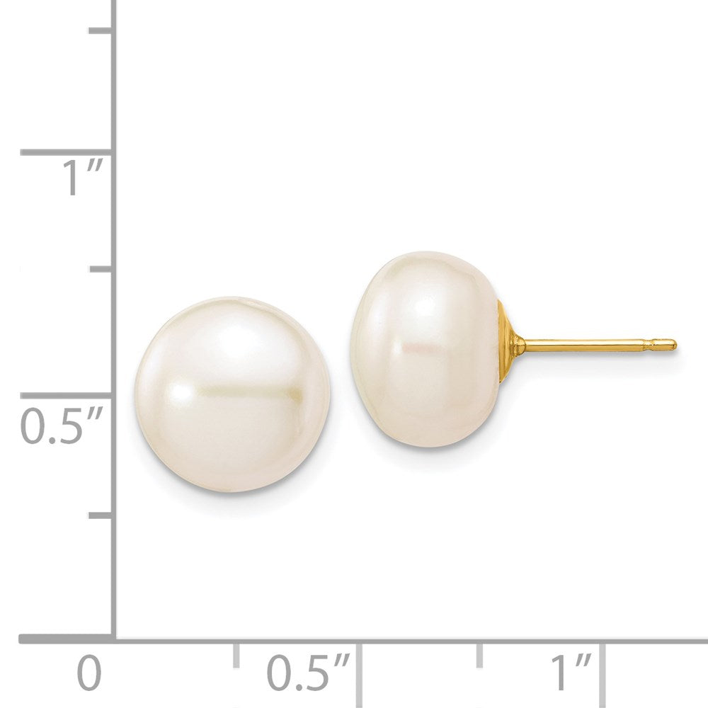 14K Yellow Gold 10 11mm White Button Freshwater Cultured Pearl Stud Post Earrings