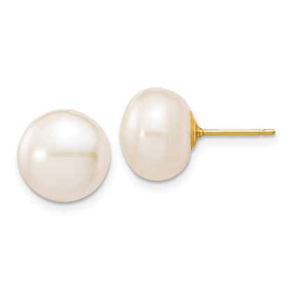 14K Yellow Gold 10 11mm White Button Freshwater Cultured Pearl Stud Post Earrings