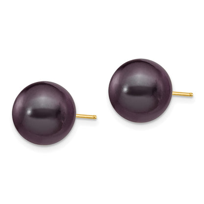14K Yellow Gold 10 11mm Black Round Freshwater Cultured Pearl Stud Post Earrings